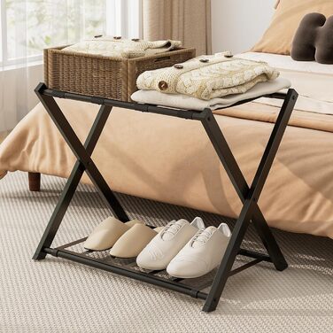 GIANTEX Folding Luggage Rack, 2-Tier, 68 x 43 x 58 cm Luggage Shelf, Baggage Rack, Metal, Space-Saving Luggage Stand for Bedroom, Guest Room, Hotel, Black (2 Pieces, Black) (1 Piece, Black)