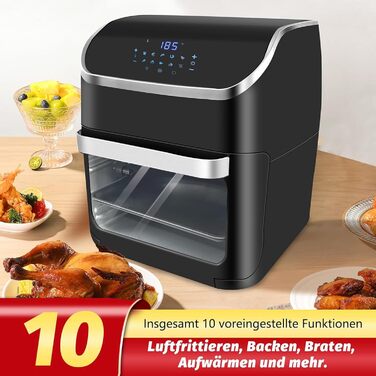 PRIJESSE Аерофритюрниця 12 л, багатофункціональна, 1800 Вт, LED-екран, 10 програм, з функціями підтримки тепла та дегідратора, з рецептурником і аксесуарами