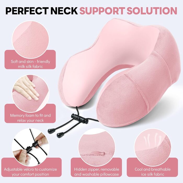 Подушка для шиї у літак - подушка для подорожей Memory Foam, ергономічна форма - подушка для шиї з маскою для сну, навушниками, сумкою - ідеальна для літака, подорожей, офісу, дому Рожева