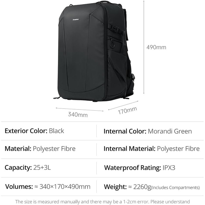 Чорний фоторюкзак AMBITFUL 25L+3L для DSLR/SLR/Mirrorless камер з відділенням для ноутбука та трипода (водонепроникний, ергономічний)