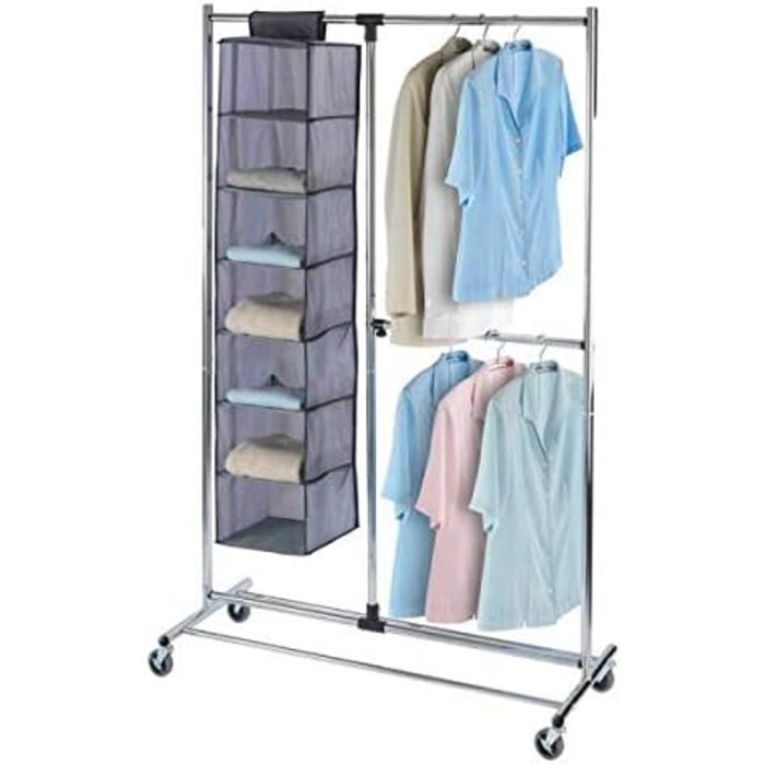 WENKO Clothes Rack, Folding, Clothes Storage with Adjustable Clothes Rail and Wheels, Plastic/Metal, 88 x 100-168 x 11-49 cm, Chrome/Grey (188 x 49 x 116 cm)