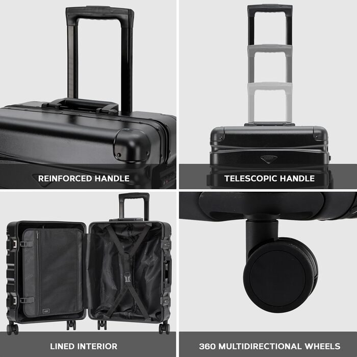 Чемодан Flight Knight Premium: Алюмінієвий каркас, ABS корпус, 8 коліс, 56x45x25см, Чорний