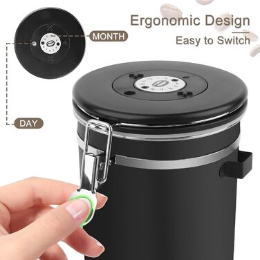 Герметичний контейнер для кави з нержавіючої сталі, 1,8L, з випускним клапаном, для кавових зерен, горіхів, какао (BK)