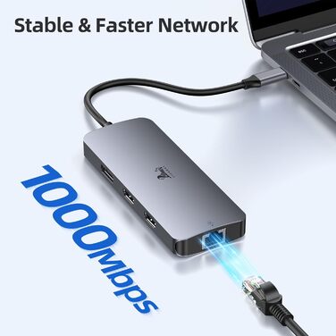 Док-станція USB-C для ноутбука з підтримкою 2 моніторів, 8 в 1: HDMI, DisplayPort, Ethernet, PD 100W, USB 3.0, сумісна з Dell, HP