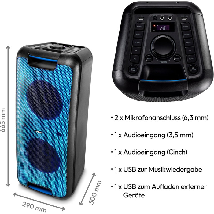 MEDION PE-1 Pure Partybox: портативна Bluetooth колонка з мікрофоном, світлові ефекти, караоке, AUX, USB, радіо, 2x 500 Вт