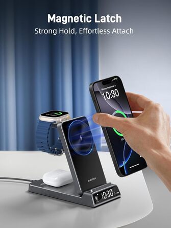 Зарядна станція 3-в-1 бездротова для iPhone, Apple Watch, AirPods, з годинником, для подорожей