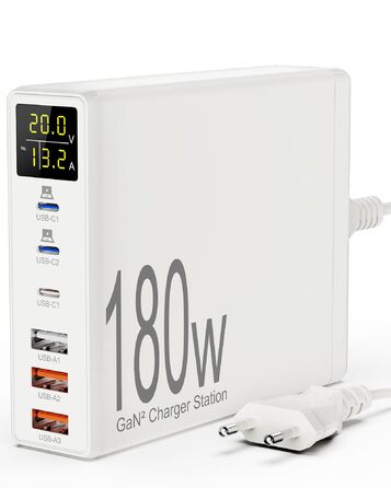 Зарядний пристрій USB 6 портів з LCD екраном GaN 180W для MacBook, iPad, iPhone 16/15/14/Pro/Max, Samsung Galaxy S23 - Білий