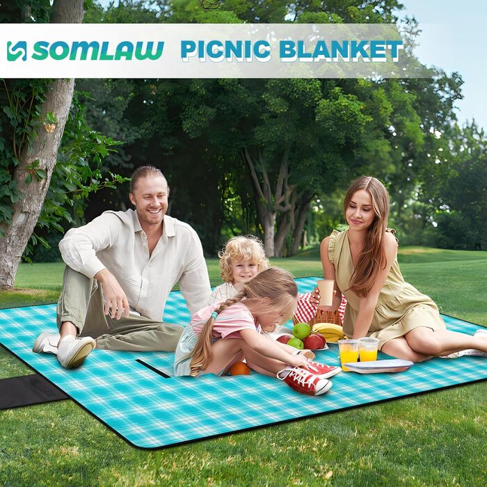 Килимок для пікніка SOMLAW водовідштовхувальний, великий, 200x200 см, для 4-6 осіб, з ручкою, ідеальний для кемпінгу та пляжу (Himmelblau Kariert)