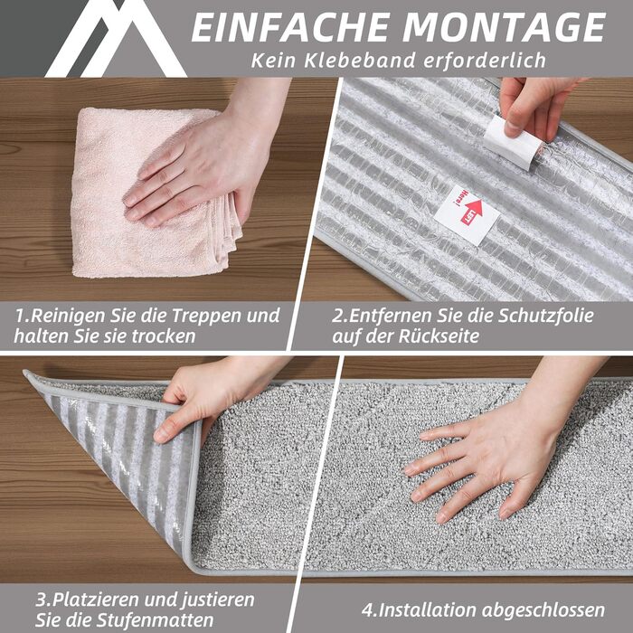 Ковзаючі сходи COSY HOMEER (4 шт.) 70x22 см, антиковзаючі, самоклеючі, машинне прання, 100% поліестер, TPE-підкладка, для дітей, літніх людей та домашніх тварин, сірі