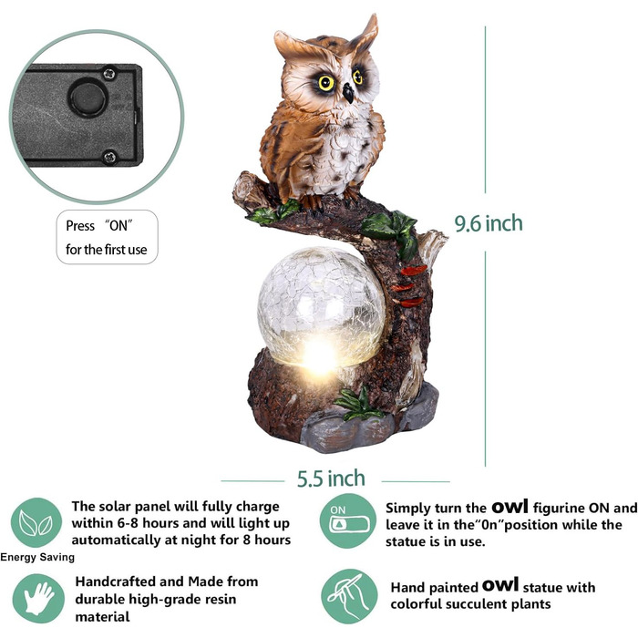 JJALIGHTS Solar Owl Figurine, Owl Garden Decor with Solar Ball, Waterproof for Outdoors, Balconies, Terraces, Gifts for Women, Men, Mom, Birthday, 24CM