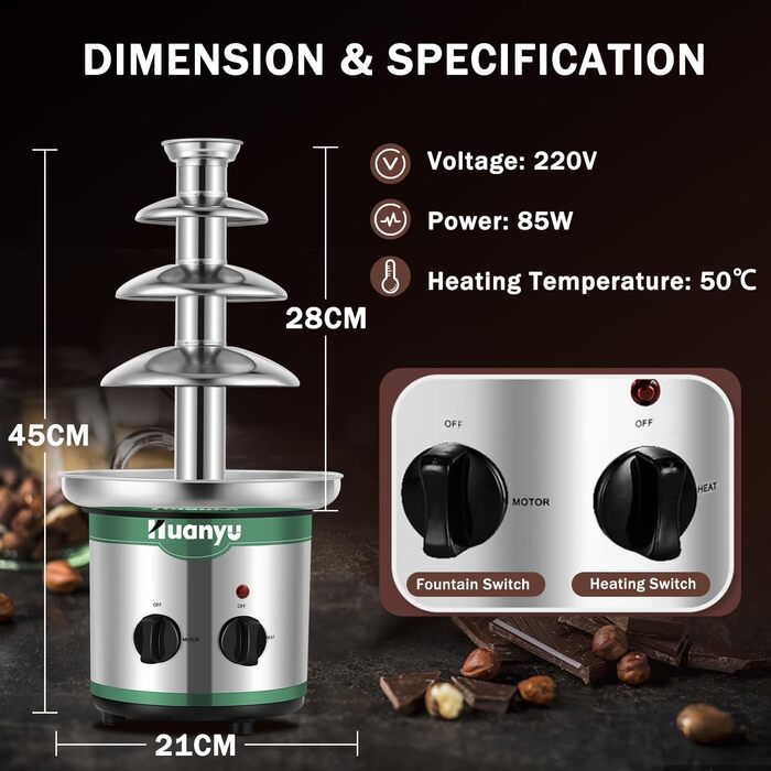 Електричний шоколадний фонтан Huanyu 4-рівневий, великий набір для фондю з шоколадом, для вечірок, весіль та днів народжень
