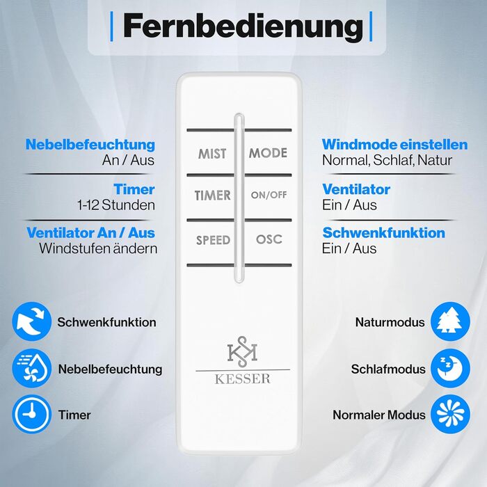 Настільний вентилятор KESSER Frosty з водяним охолодженням та ультразвуковим зволожувачем, з пультом ДУ та таймером, білий