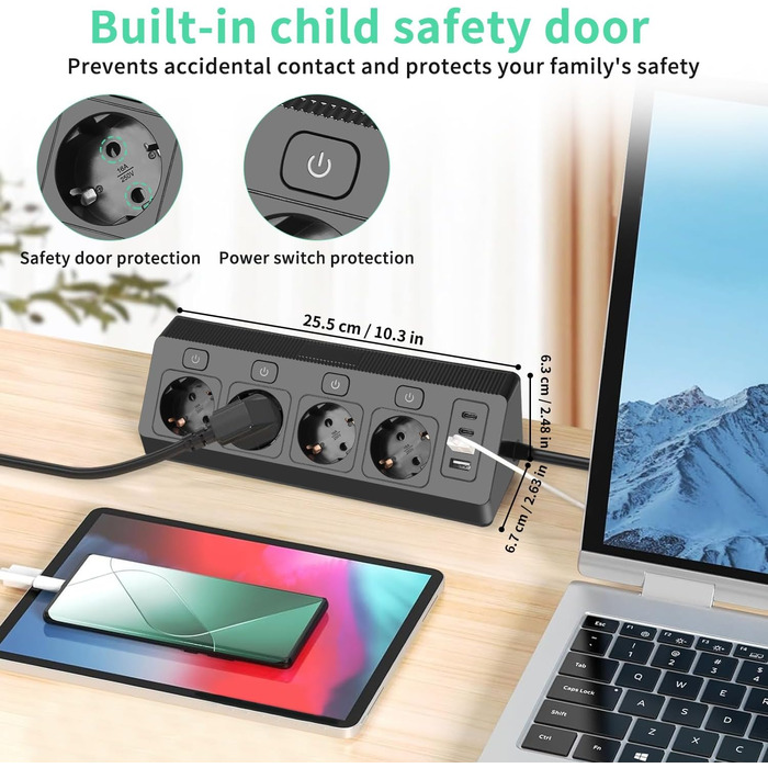 Багатофункціональна мережева розетка на кут 4-портова з USB та Type-C, захист від перенапруги, 2м кабель, для дому, білого/чорного кольору
