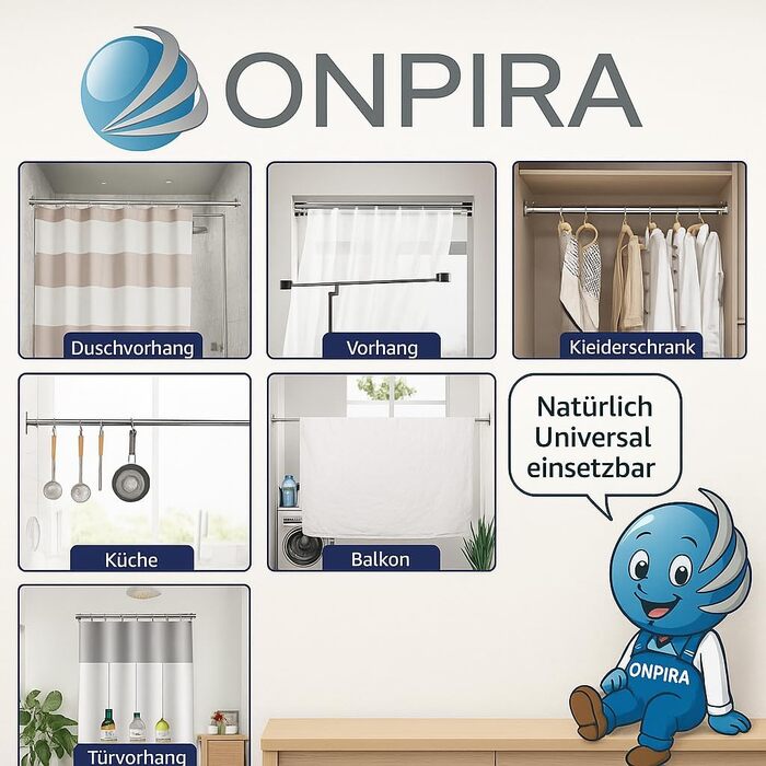 Розсувна штанга для карнизів Onpira® без свердління – телескопічна штанга 125-240 см, нержавіюча сталь, 3 кольори (білий, чорний)