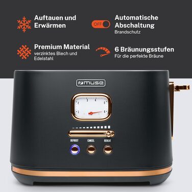 Muse stainless steel toaster in black retro design, analog display, illuminated buttons, 6 browning levels, 2-slice, MS-130 BC, vintage look, with crumb tray