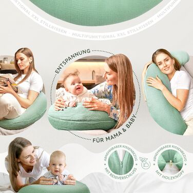 Подушка для годування sei Design XXL 190x30 з мусліновою наволочкою, ергономічна, для вагітних, для сну на боці, комфортна подушка для дорослих, наволочка для подушки для годування з 100% бавовни [ органічна бавовна ] (Персоналізована муслін м'ятно-зелени