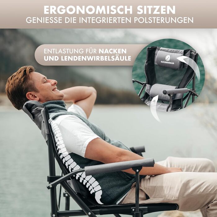 Складний туристичний стілець NATURBUMMLER® Cloud Sit+ сірого кольору – 150 кг, дихаюча сітка, висока спинка, для кемпінгу, риболовлі, саду та відпочинку на природі