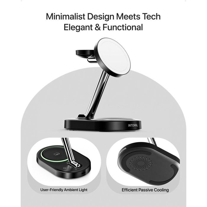 Intoval 3-в-1 Магнітний зарядний пристрій для iPhone 17/16/15/14/13/12, Apple Watch та AirPods. Бездротова зарядка з мережею (Чорний)