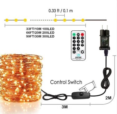 Льоко-світлодіодна гірлянда 20 м, 200 LED, тепле біле світло, з пульт, водонепроникна IP65, для декору на Різдво, весілля, сад, вечірку