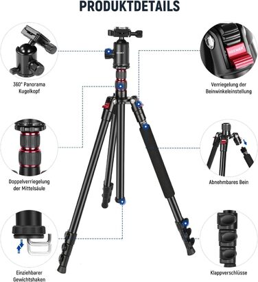 Штатив NEEWER 77' з алюмінію, монопод для DSLR та телефону, 360° кулькова головка, 2-осьова центральна колона, Arca QR пластина, сумка, портативний, вантажопідйомність 15,4 кг, TP77