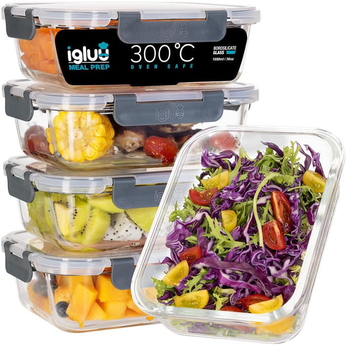 Набір контейнерів для їжі Igluu Meal Prep (5 шт.) – 1050 мл, Borosilikatglas, мікрохвильовка, духовка, морозильник, посудомийна машина, витікання