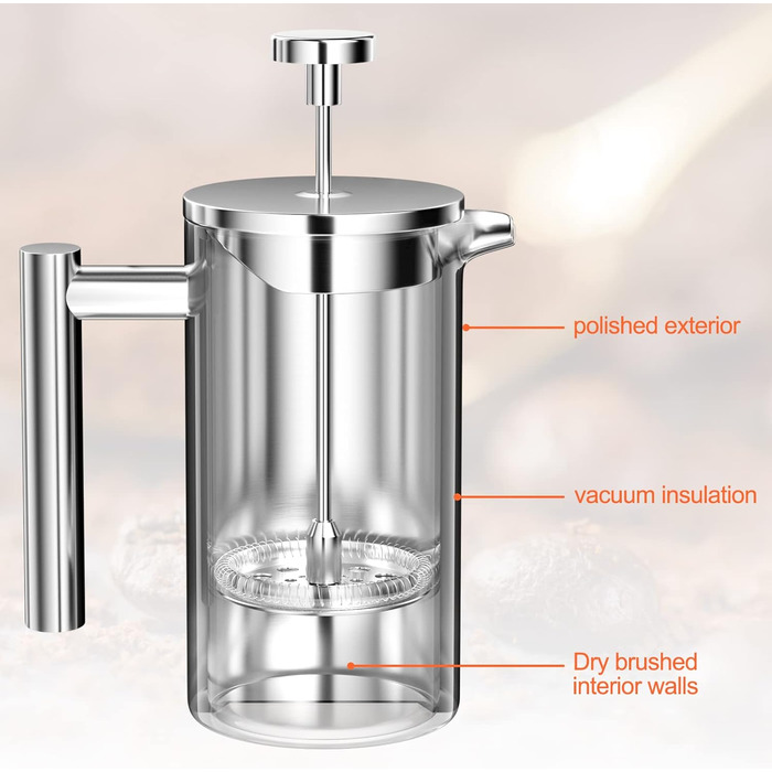 French Press Uootach 350 мл: кавоварка з нержавіючої сталі з потрійним фільтром для дому, подорожей та кемпінгу (срібна)