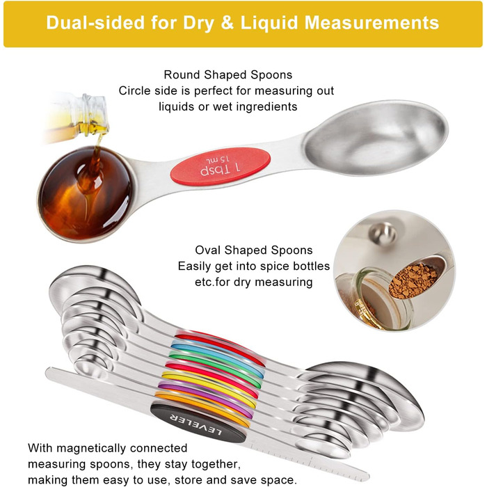 Stainless Steel Measuring Cups and Spoons Set with 15 Pieces – including 7 nestable metal measuring cups, 8 magnetic measuring spoon set – ideal kitchen helpers for cooking and baking