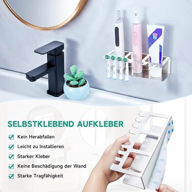 Настінний тримач для зубних щіток, електричний - без свердління, для зубних щіток та насадок, органайзер для пасти, сріблястий (великий)