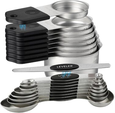 Magnetic Measuring Cups and Spoons Set with 16 Pieces, including 7 stackable magnetic stainless steel measuring cups, 8 magnetic measuring spoons with leveler for dry and liquid ingredients
