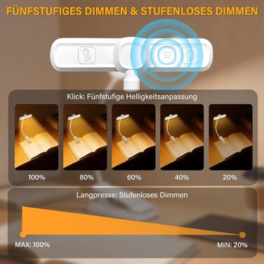 Лампа для читання LED USB акумуляторна з димером, 3 режими, біла, з кліпсою, 1000mAh - для рукоділля, ремонту, риболовлі