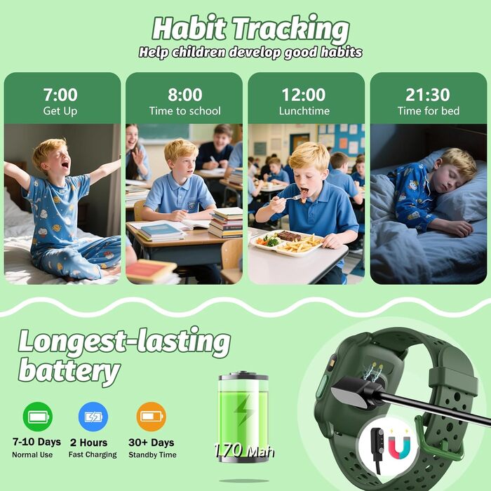 Дитячий розумний годинник Kinder з 140 спортивними режимами, фітнес-трекер, вимірювання пульсу, ігри-головоломки, IP68 вологозахист, без використання додатку/телефону, подарунок для хлопчиків-підлітків 6-15 років, зелений