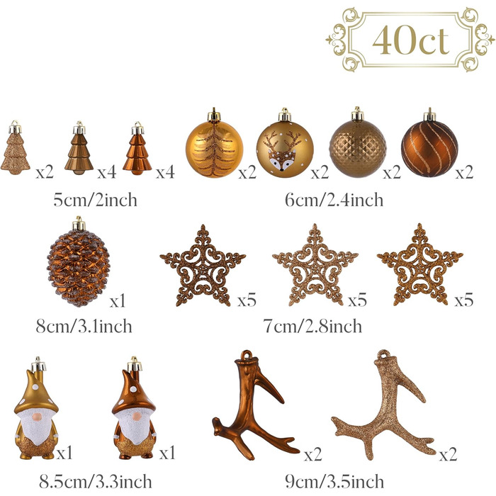 Набір ялинкових прикрас Valery Madelyn, 40 шт. Ялинкові кулі з пластику, бронзові, тематика 