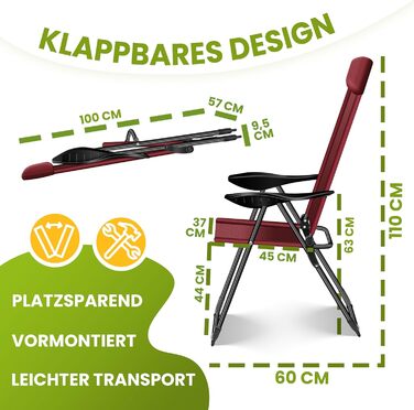 Крісла садові розкладні KESSER® 2 шт. з високою спинкою, алюмінієві, 7 положень, з підлокітниками, дихаючі, для балкона, тераси, кемпінгу, бордовий колір