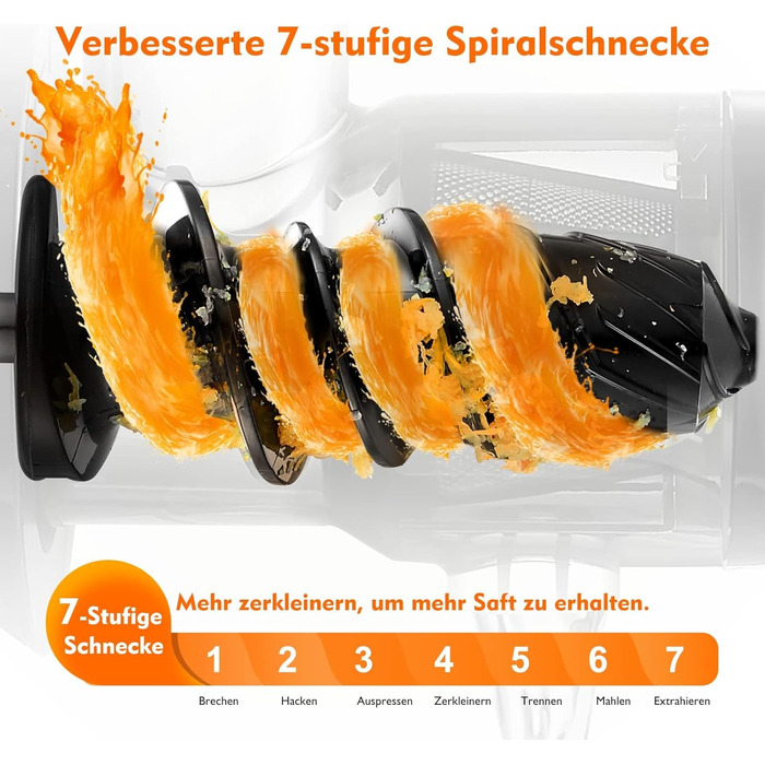 AMZCHEF Juicer for Vegetables and Fruits - Test Winner - Slow Juicer with Reverse-Masticating Function - Gentle Crushing Without Filtering - Electric Juice Press with Brush and 2 Cups - Orange