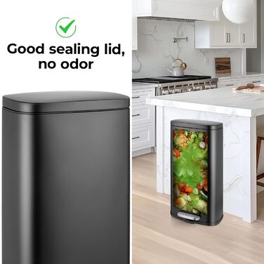 Відро для сміття LIFERUN 30л з кришкою, з м'яким закриттям, сталеве, з внутрішнім відром, для кухні, ванної кімнати, офісу, чорне