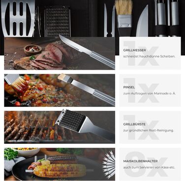 Набір гриля tectake® 18 предметів з нержавіючої сталі в алюмінієвому кейсі. Аксесуари для гриля, мангала, барбекю: для вугільного гриля, Smoker, шашлику, в саду, на кемпінгу. Ідеальний подарунок для чоловіків. В комплекті: виделка для м'яса.