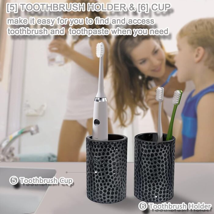 Набір аксесуарів для ванної кімнати LKKL 7-Piece Silver Set: сміттєвий бак, диспенсер для мила, мильниця, стакан для зубної щітки, підставка для зубних щіток, контейнер для ватних паличок, піднос. Сучасний набір для ванної кімнати.