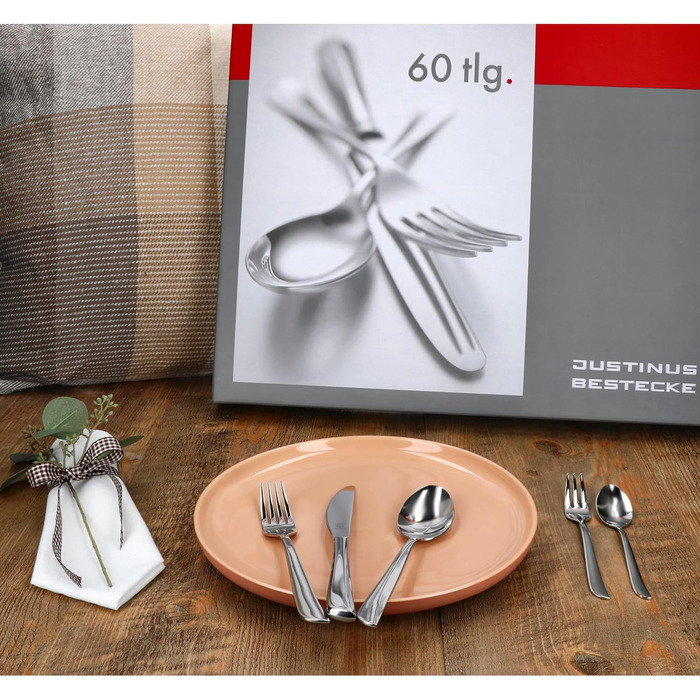 Набір столових приборів Justinus Twist 60 предметів для 12 осіб з витонченим дизайном | з нержавіючої сталі 18/10 та сталі для лез | для дому та ресторану
