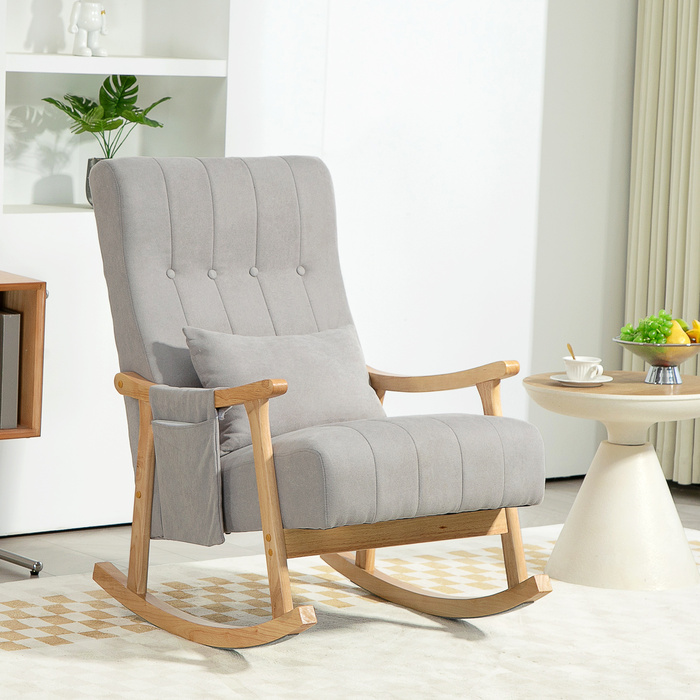 HOMCOM Rocking Chair with Kidney Pillow, Wide Seat, Beech Frame, Up to 120 kg (265 lbs), Grey