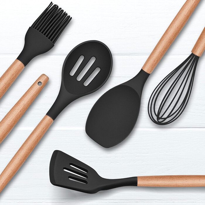 Набір кухонних аксесуарів Herogo: 12 шт. силіконове кухонне приладдя з тримачем, стійке до високих температур, з дерев'яними ручками, антипригарний лопатка (чорний)
