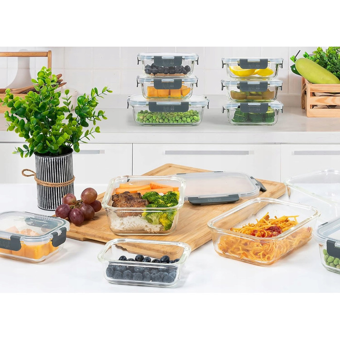 Набір зі 10 скляних ланчбоксів для їжі, термостійкі контейнери з герметичною кришкою