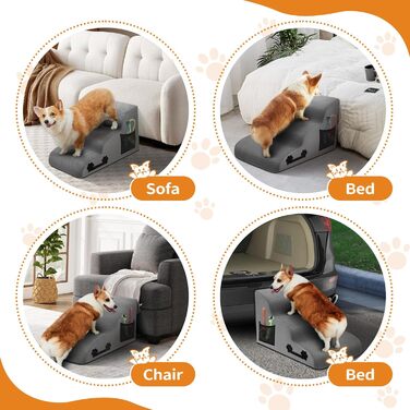 Сходинки для собак, 3 сходинки, з щільного матеріалу, для маленьких собак та котів, знімний чохол, іграшка-канат, легкі та портативні, сірі.