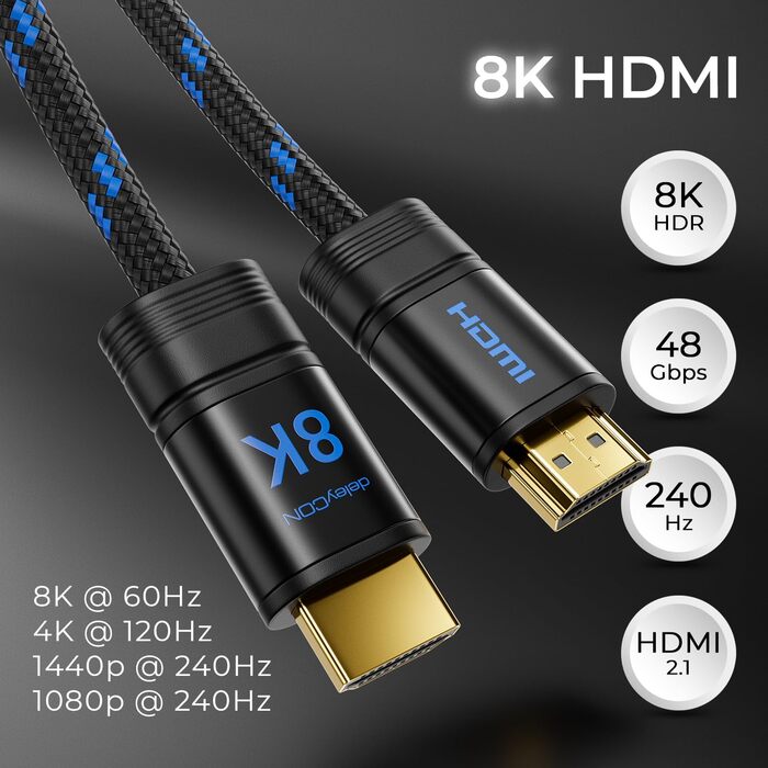 HDMI 2.1b кабель DeleyCON 1.5м (8K, 48G) – сертифікований, 8K@60Hz, 4K@120Hz, eARC, HDCP 2.3, DTS:X, Dolby Atmos, для TV, PS5, Xbox, Soundbar, Monitor, Gaming