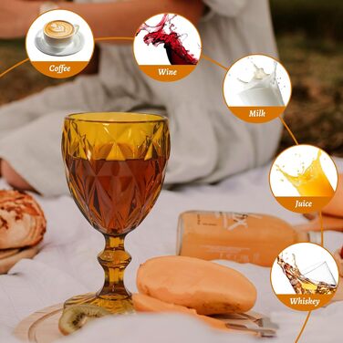 Набір вінтажних склянок для вина, 350 мл, 6 штук, кришталеве скло з тисненням, придатні для миття в посудомийній машині, рожевий, бурштиновий колір