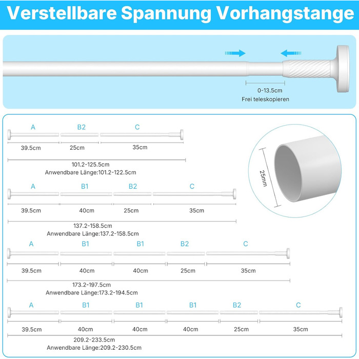 Штанга для карнизів без свердління 100-230 см, біла, Ø25 мм, телескопічна, для душу, вікна та балкону