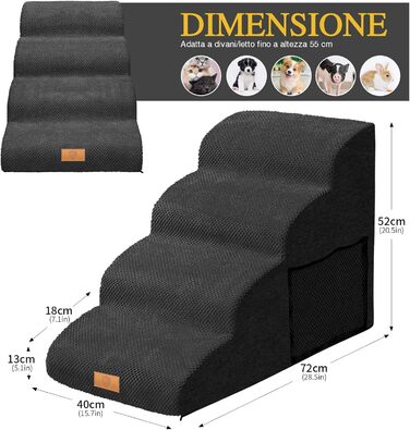Masthome Dog Stairs for Small Dogs, 4 Steps Pet Stairs with Washable Cover, 52cm High Cat Stairs from Sponge for High Beds, Dog Ramp Ladder, Detachable, Black