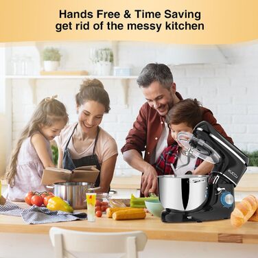 Кухонний комбайн-міксер 1500W з чашею з нержавіючої сталі 7Л, планетарний міксер для тіста з 6 швидкостями та набором насадок (гак, вінчик, міксер), чорний