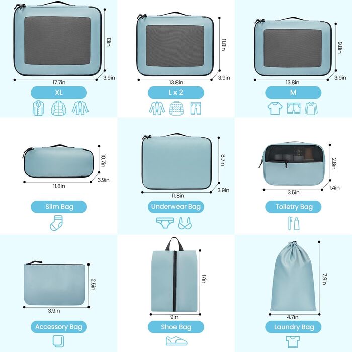 Органайзери для валізи Prezon, набір 10 шт., легкі, для подорожей, блакитно-зелені