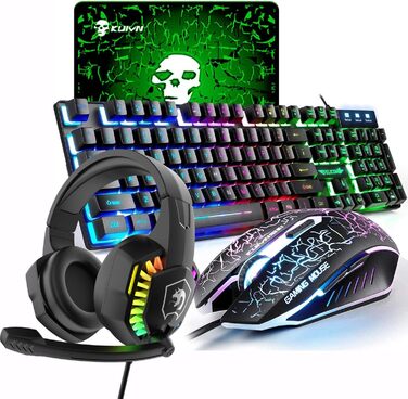Ігровий набір клавіатури та миші UK-Layout 4-в-1 з підсвічуванням RGB, миша 2400 DPI, навушники + килимок для миші, чорний