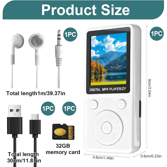 MP3 плеєр з Bluetooth 5.2, карткою пам'яті 32ГБ, 1.8